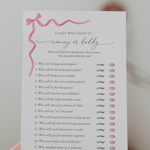 Guess Who mama of papa babyshower spelsjabloon, roze strik meisje babyshower afdrukbare, instant download