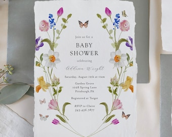 Baby Shower Invitation, Spring Tulips and Daffodils Floral Printable Invite Template, Corjl, Instant Download