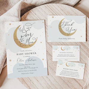 Über dem Mond-Babyparty-Einladungs-Set, Baby Boy druckbare Einladen-Set mit Windel und Bücher-Einlagen und Dankes-Karte, digitaler Download