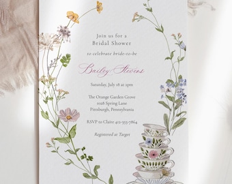 Wildflower Tea Party Bridal Shower Invitation (Instant Download)