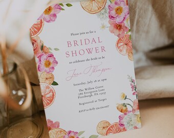 May include: A white bridal shower invitation with pink and orange floral illustrations. The invitation includes the text "Please join us for a Bridal Shower to celebrate the bride to be Jane Thompson. Saturday, July 18 at 2pm The Willow Grove 786 Evergreen Lane Pittsburgh, PA 15237 Registered at Target RSVP to Kelly 534-334-4457"