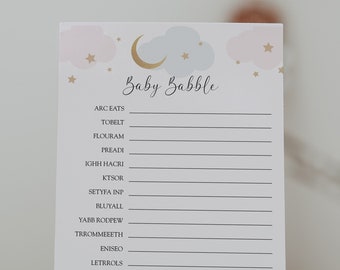 Over the Moon Baby Babble Game Card, Baby Shower Games, Pink and Blue Clouds, Printable Template, INSTANT DOWNLOAD