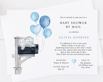 Boy Baby Elephant Shower by Mail Invitation, Long Distance Shower, Blue Balloons from Mailbox, Printable Template, INSTANT DOWNLOAD #BB4-BSM