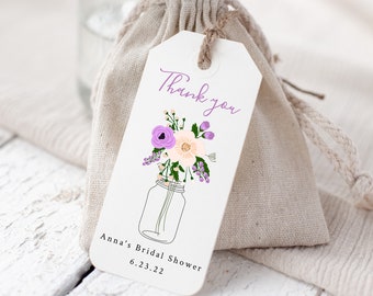 Favor Tag Template, Wedding Bridal Shower Thank You Tag, Welcome Bag, Purple flowers in mason jar, INSTANT DOWNLOAD, Editable 003_BS3_Tag