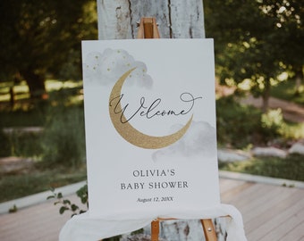 Moon and Stars Shower Welcome Sign, Baby Shower, Gray Clouds, Printable Template, Instant Download #AP3g_WS