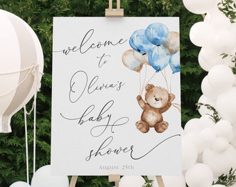 Blue Teddy Bear Baby Shower Welcome Sign Template (Instant Download)