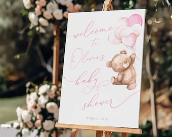 Pink Teddy Bear Baby Shower Welcome Sign Template (Instant Download)