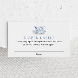 Carte de tombola bleue de couches pour baby shower, théière, modèle de demande de baby shower pour garçon, apporter un paquet de couches, imprimable Templett