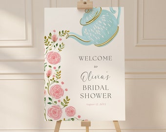 Bridal Tea Party Welcome Sign, Pink Floral Roses Bridal Welcome Template, Blue Teapot Wedding Shower DIY Sign, Templett, #AP53