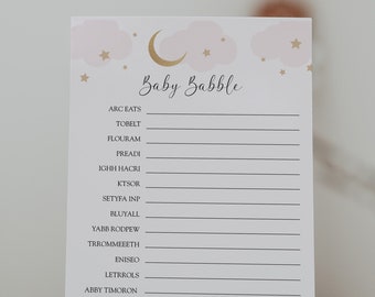 Over the Moon Baby Babble Game Card, Baby Shower Games, Pink Clouds, Printable Template, INSTANT DOWNLOAD