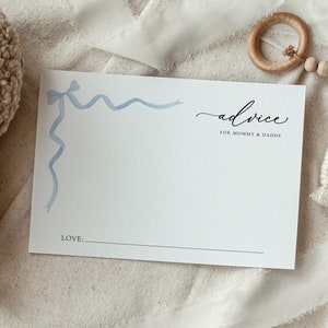 Kaartsjabloon babyadvies blauwe strik | Spelactiviteit babyshower | Wensen voor ouders kaart | Download en print vandaag nog