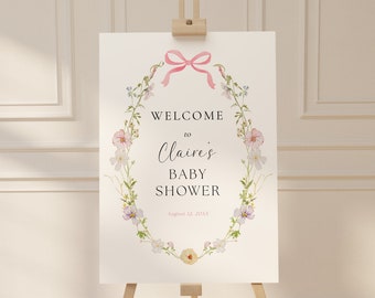 Wildflower Baby Girl Welcome Sign, Floral Pink Bow Baby Shower Welcome Poster Template, Templett, #AP50