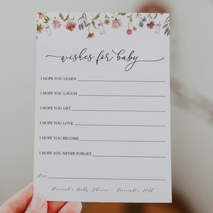 Tarjeta imprimible de deseos para bebé, plantilla de juego para baby shower, imprimible de flores silvestres para baby shower, descarga instantánea
