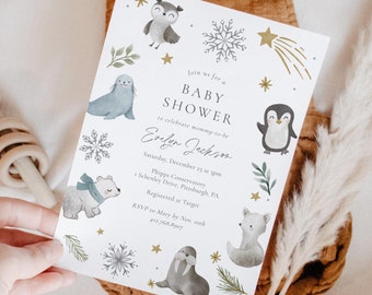 Winter Baby Shower Printable Invite, Penguin Baby Shower Invitation Template, Baby Its Cold Outside Digital Download, Arctic Animals