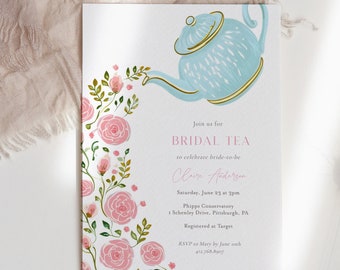 Tea Party Bridal Shower Invitation, Pink Roses and Teal Blue Teapot, Templett Printable Invite, Edit & Print, Instant Download 5x7 #AP53