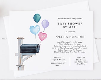 Baby Shower by Mail Invitation, Long Distance Shower, Gender Neutral Balloons from Mailbox, Printable Template, INSTANT DOWNLOAD BSM