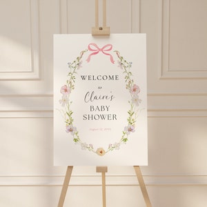Wildblumen Baby Mädchen Willkommen Schild, Floral Rosa Schleife Babyparty Willkommen Poster Vorlage, Templett