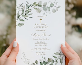First Communion Invitation Template, Eucalyptus Greenery Instant Download, Printable Communion Card, Editable Digital Invitation