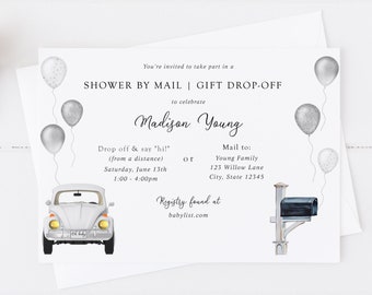 Baby Shower by Mail Invitation, Drive By Gift Drop Off Shower, Gender Neutral Silver Balloons, Printable Template, INSTANT DOWNLOAD D1-BSM