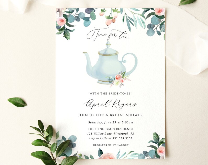 Tea Party Bridal Shower invitation Template Time for Tea Bride to Be INSTANT DOWNLOAD 100 Editable Text Templett Printable