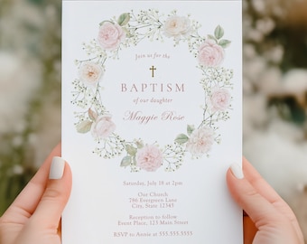 Baby Girl Baptism Invitation: Pink Roses Wreath (Printable Template)