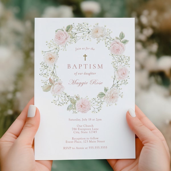 Baby Mädchen Taufe Einladung rosa Rosen Kranz Printable Vorlage | Taufe, Babyparty, sofortiger Download, bearbeitbar in Templett