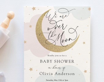 We are over the Moon Baby Shower Invitation, Gender Neutral Twinkle Little Star, Printable Template, INSTANT DOWNLOAD