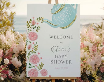 Baby Tea Party Welcome Sign, Pink Floral Roses Baby Welcome Template, Blue Teapot Shower DIY Sign, Templett, #AP53