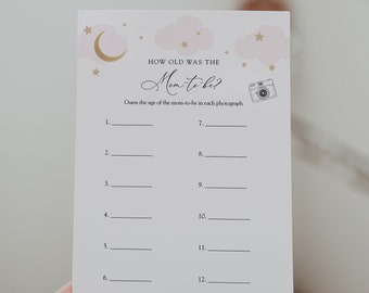 Over the Moon, How old was the mom to be, Baby Shower Photo Game, Pink Clouds, Printable Template, INSTANT DOWNLOAD