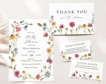 Wildflower Baby in Bloom Shower Invitation BUNDLE, Printable Template Set, INSTANT DOWNLOAD