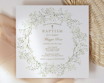 Baptism, Christening Invitation, Baby's Breath Wreath Invite, Printable Template, INSTANT DOWNLOAD #AP32