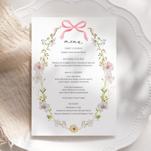 Afdrukbaar menu babyshower wilde bloemen | Bewerkbaar bloemenmenu met roze strik babymeisje, sjabloon instant download