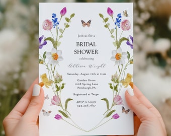 Bridal Shower Invitation, Spring Tulips and Daffodils Floral Printable Invite Template, Corjl, Instant Download