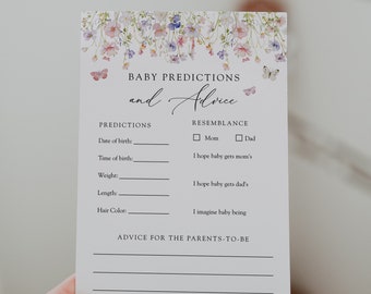 Wildflower Baby Predictions and Advice Template, Flower and Butterflies Baby Shower DIY Card, Templett, #AP50