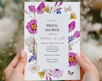 Bridal Shower Invitation, Pink Tulips and Spring Daffodils, Floral Printable Invite Template, Corjl, Instant Download