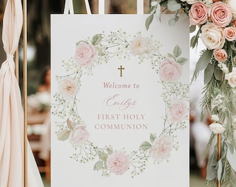 First Communion Welcome Sign | Pink Roses Wreath Printable Template | Christening, Baby Shower, Instant Download, Pink Girl Sign
