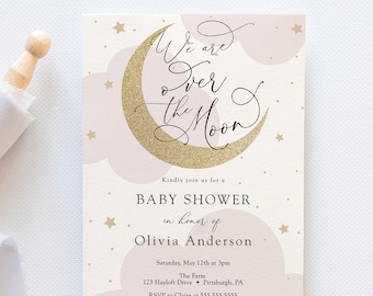 We are over the Moon Baby Shower Invitation, Pink Twinkle Little Star, Printable Template, INSTANT DOWNLOAD #AP3p_BB