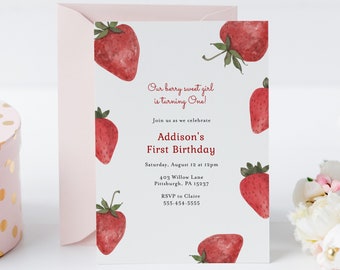 Editable Strawberry Birthday Invitation, First Birthday Berry Sweet Girl, Cute Strawberries, Printable Template Corjl, Instant Download