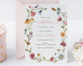 Wildflower Birthday Invitation Girl, Garden first birthday Invite, Wildflower 1st birthday party Printable Template Instant Download