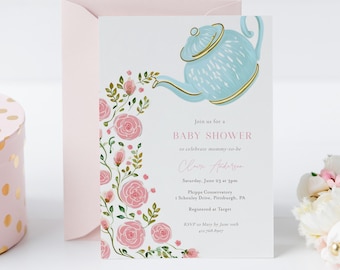 Tea Party Baby Shower Invitation, Pink Roses and Teal Blue Teapot, Templett Printable Invite, Edit & Print Today, Instant Download 5x7 #AP53