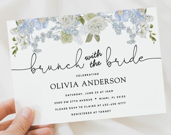 Blue Floral Bridal Shower Brunch with the Bride Invitation | Something Blue Printable Digital Template | Instant Download