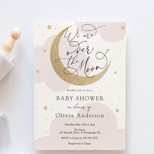 Pink Moon Baby Shower Invitation with Gold Glitter Moon and "We Are Over the Moon" Script | Printable Instant Download, Girl, Twinkle Star