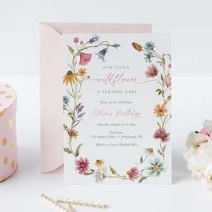 Wildflower Birthday Invitation Girl, Garden first birthday Invite, Wildflower 1st birthday party Printable Template Instant Download