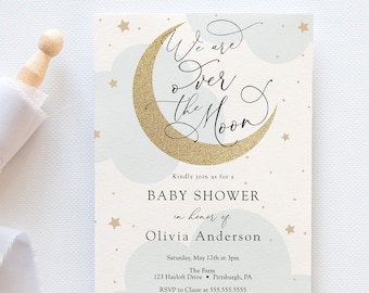 We are over the Moon Baby Shower Invitation, Blue Twinkle Little Star, Printable Template, INSTANT DOWNLOAD #AP3b_BB