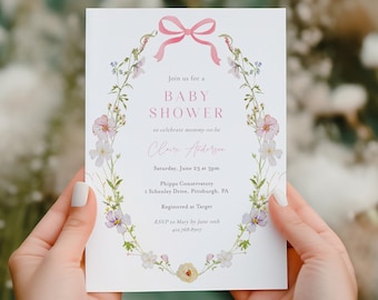 Wildflower Baby Shower Invitation, Floral Wreath with Pink. Bow, Templett Printable Invite, Edit & Print Today, Instant Download 5x7 #AP50