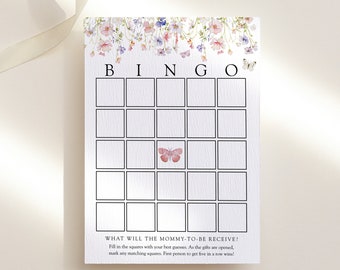 Wildflower Baby Bingo Card Template, Flower and Butterflies Baby Shower Game Card, Templett, #AP50