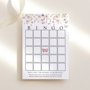 Wildflower baby bingo kaartsjabloon, bloem en vlinders baby shower spelkaart, Templett, #AP50