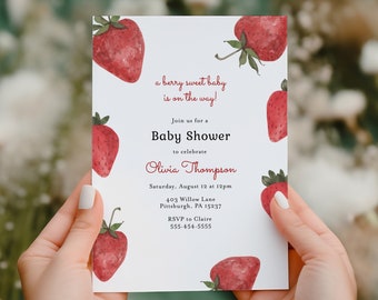 Editable Strawberry Baby Shower Invitation, Berry Sweet Girl, Cute Strawberries, Printable Template, Corjl, Instant Download
