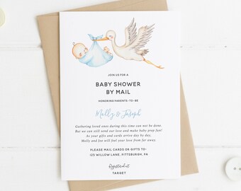 Boy Baby Shower by Mail Invitation, Long Distance Shower, Stork with baby, Printable Template, INSTANT DOWNLOAD AP4_BSM