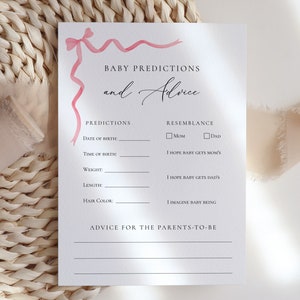 Roze kaart met advies en voorspellingen voor babymeisje | Babyshowerspel | Afdrukbaar in Templett